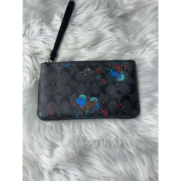 Coach Sierra Wristlet Black Signature With Blue Birds 8x5 - Picture 1 of 5
